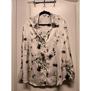 Fashion Nova Women 1X Green Floral Satin Button Down Blouse IT11763 Long Sleeve